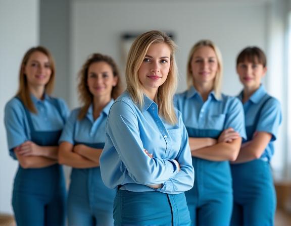 Squadra di pulizia di Trama Chiara in divisa, sorridente e professionale